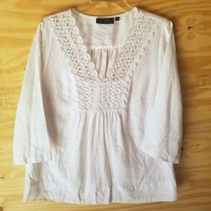 T Rena Theresa Rena Crochet V Neck Linen Tunic